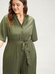 Solid Pocket Button Belted Jumpsuit