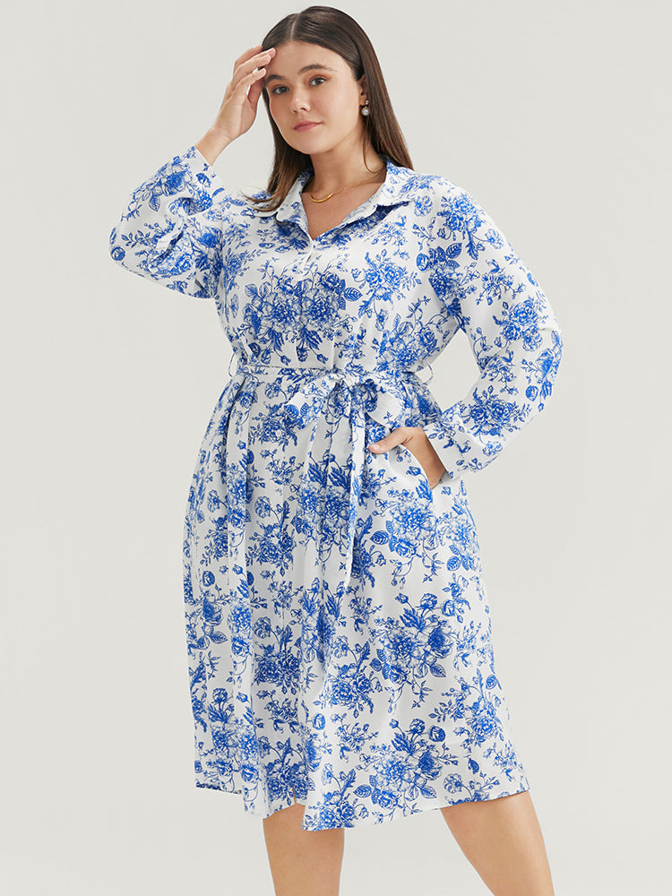 Floral Button Up Pocket Belted Lapel Collar Dress