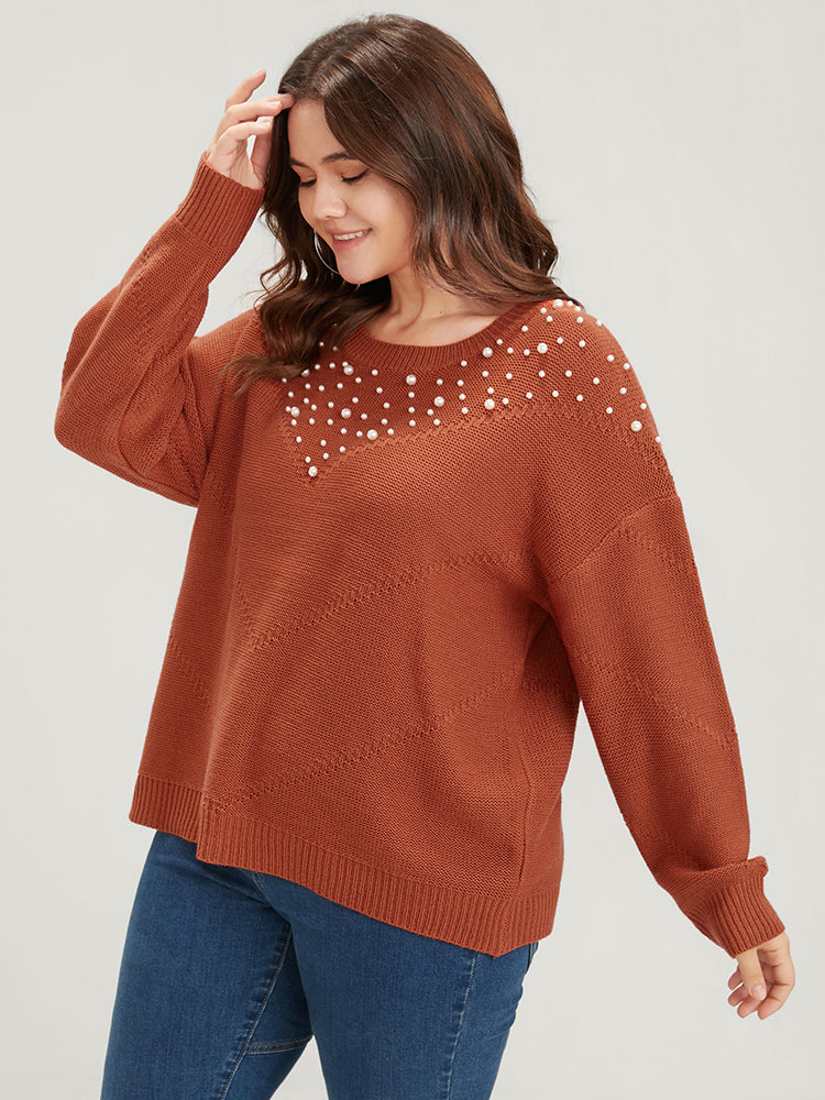 Solid Pointelle Knit Pearls Beaded Knit Top