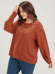 Solid Pointelle Knit Pearls Beaded Knit Top