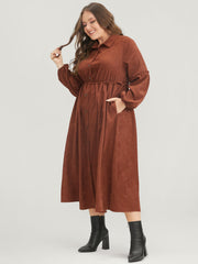 Solid Drawstring Pocket Button Detail Shirt Collar Corduroy Dress
