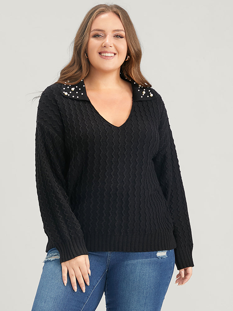 Solid Pointelle Knit Pearls Beaded Collar Neck Knit Top