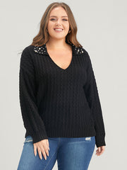 Solid Pointelle Knit Pearls Beaded Collar Neck Knit Top