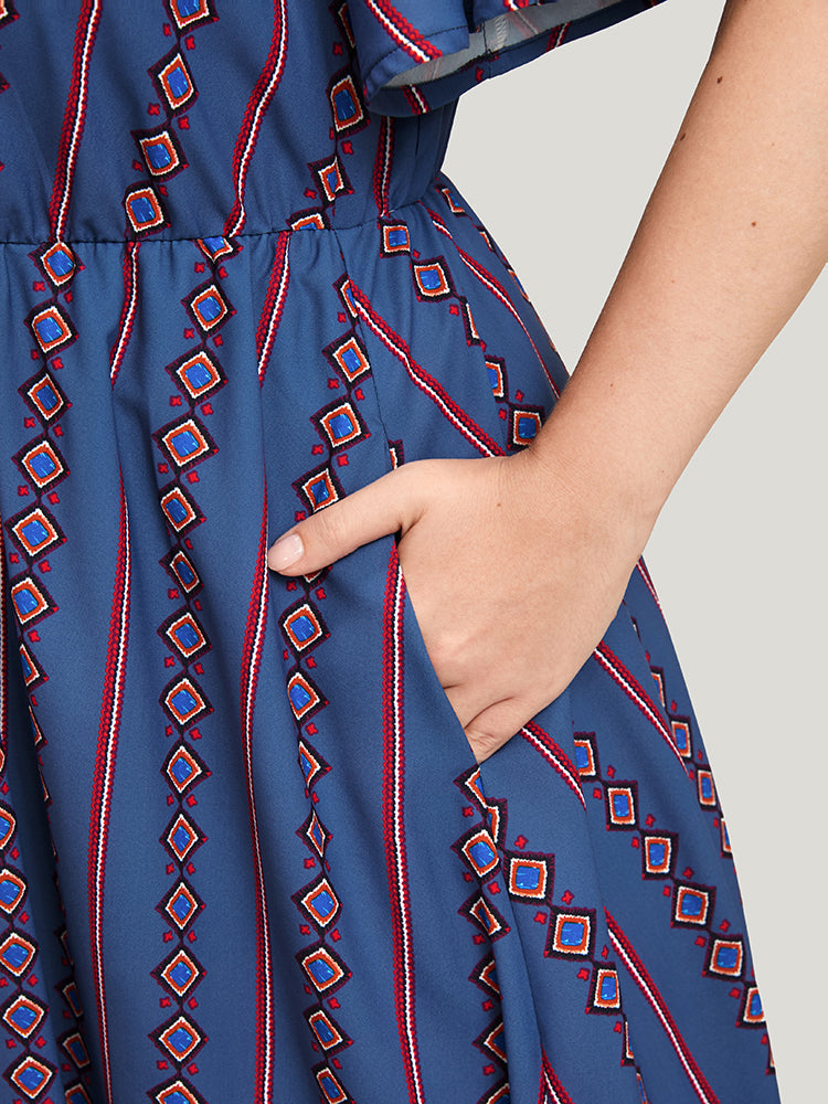 Striped Pocket Split Flutter Wrap Midi Dress