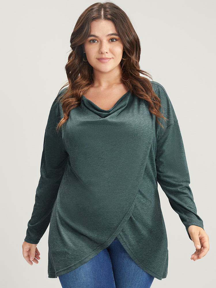 Solid Cowl Neck Asymmetrical Hem Long Tee