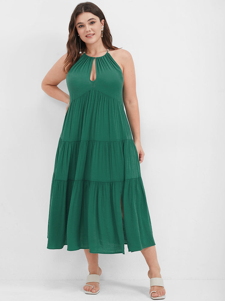 Solid Flutter Split Keyhole Ties Halter Neck Midi Dress