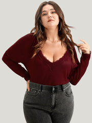 Solid Lace Trim Rib Knit Long Tee