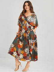 Floral V Neck Split Pleated Pocket Maxi Dress