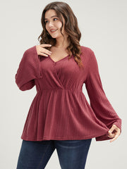 Solid Rib Knit Bell Sleeve Surplice Neck Long Tee