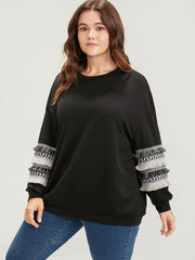 Plain Geometric Tape Fringe Trim Drop Shoulder Sweatshirt
