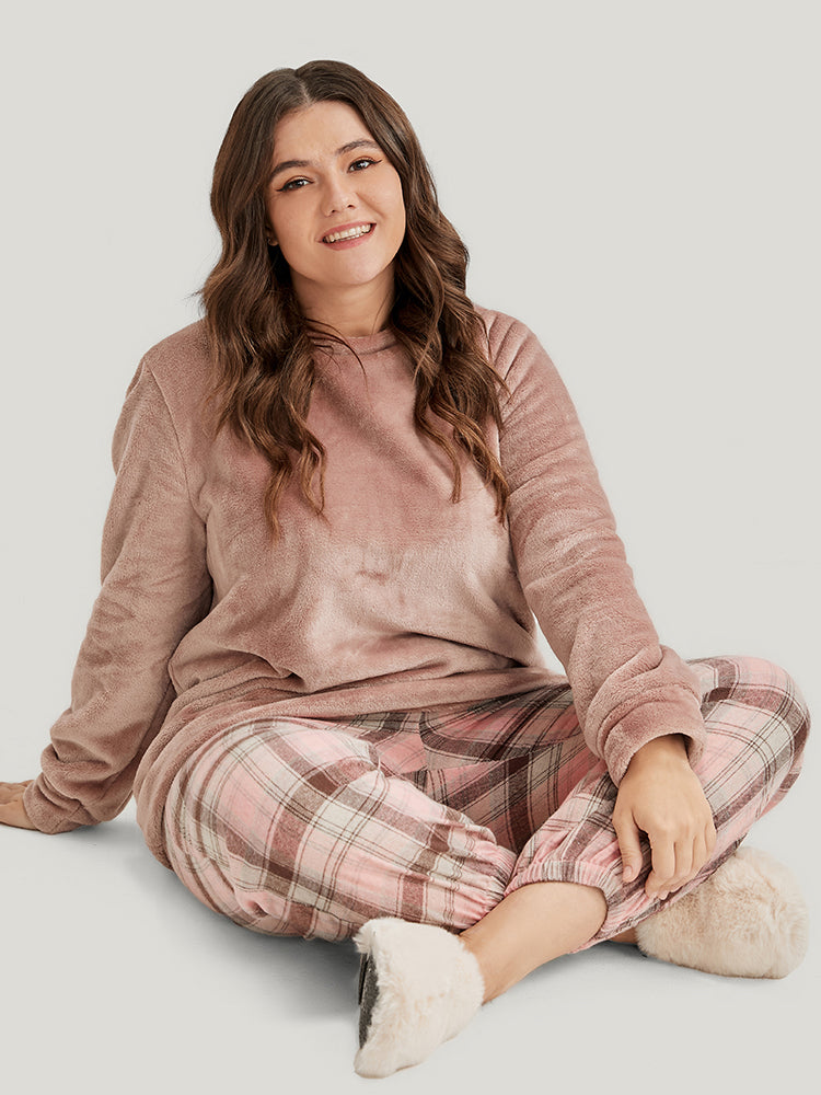 Solid Flannel Round Neck Plaid Pajama Set