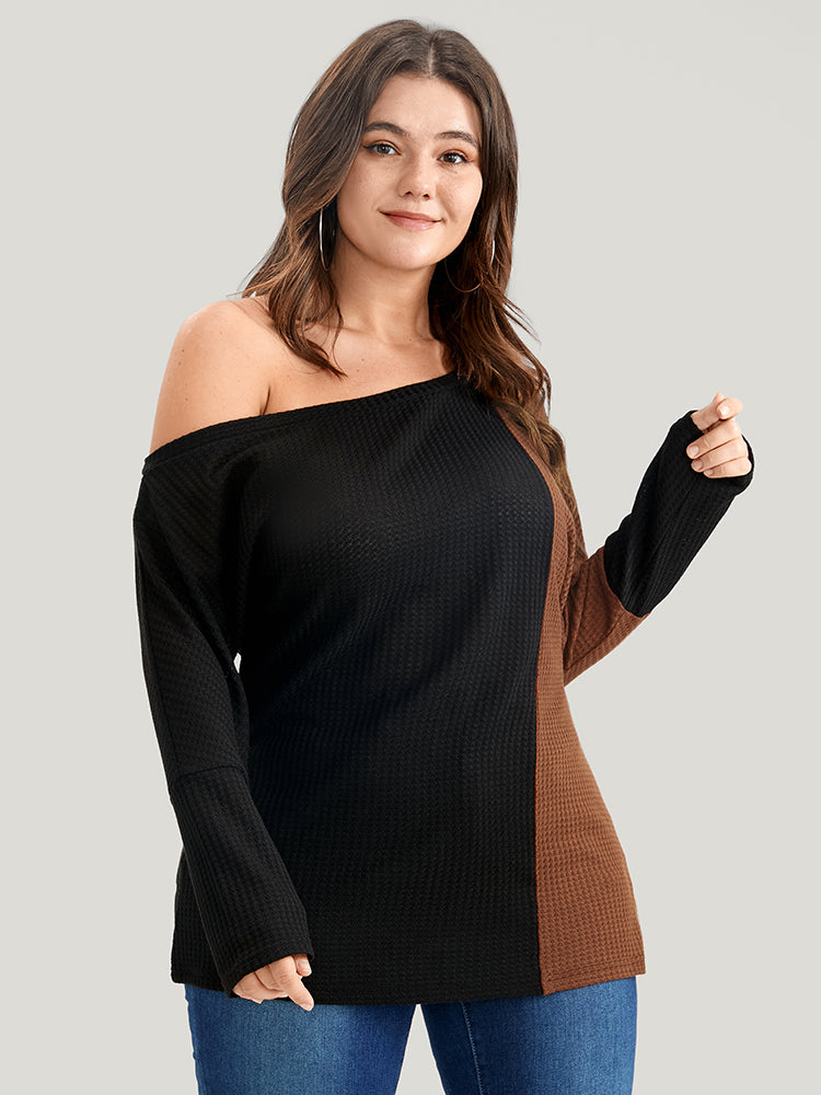 Colorblock Contrast Waffle Knit  One Shoulder Long Tee