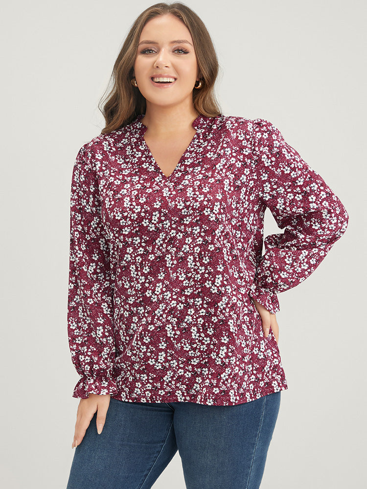 Floral Lantern Sleeve Arc Hem V Neck Blouse