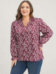 Floral Lantern Sleeve Arc Hem V Neck Blouse