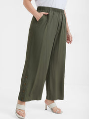 Solid Button Elastic Waist Pocket Loose Pants