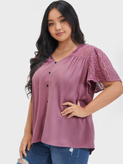 Plain Contrast Lace Ruffles Button V Neck Blouse