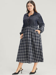 Gingham Patchwork Button Pocket Shirt Collar Dress Without Belt