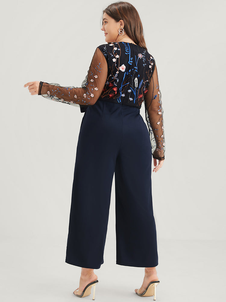 Solid Pocket Embroidered Mesh Sleeve Knotted Jumpsuit