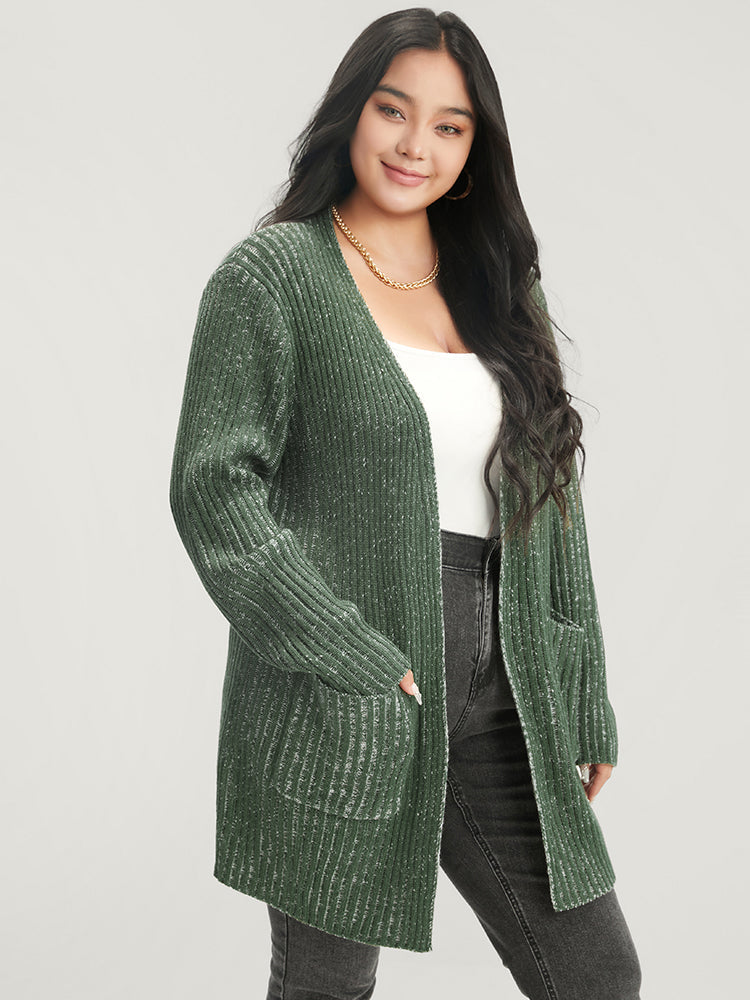 Solid Pointelle Knit Heather Rib Knit Open Front Cardigan