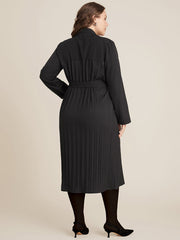 Solid Belted Pleated Shirt Collar Dress
