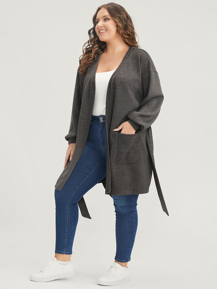 Solid Pocket Belted Open Front Heather Coat