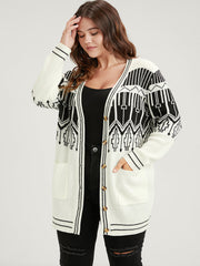 Geometric Knitted Jacquard Contrast Pocket Button Front Cardigan