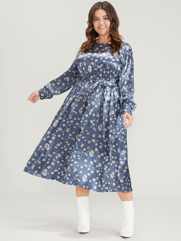 Floral Keyhole Back Pocket Belted Satin Midi Dress