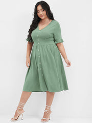 Solid Shirred Ruffles Button V Neck Midi Dress
