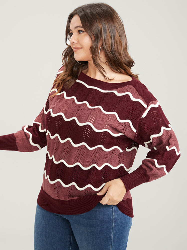 Colorblock Contrast Pointelle Knit Water Ripple Knit Top
