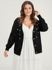 Solid Pointelle Knit Pearl Beaded Crochet Button Front Cardigan