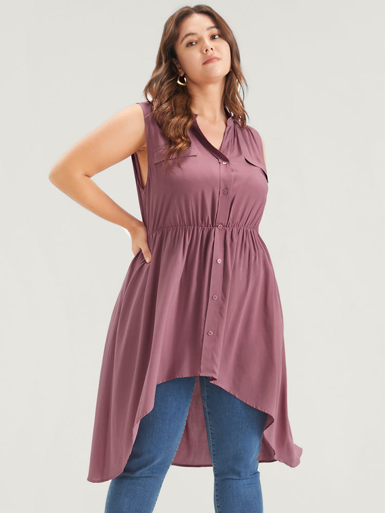 Solid Gathered Button High Low Hem Fake Pocket Tank Top