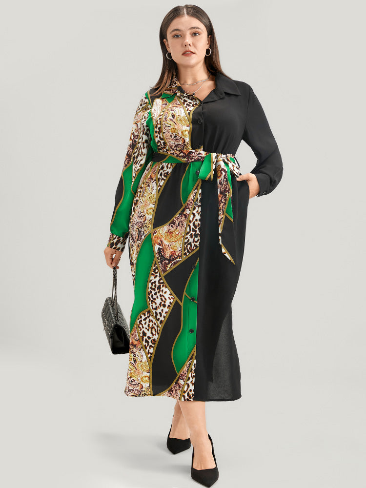 Chain Print Shirt Collar Pocket Split Belted Button Up Dress