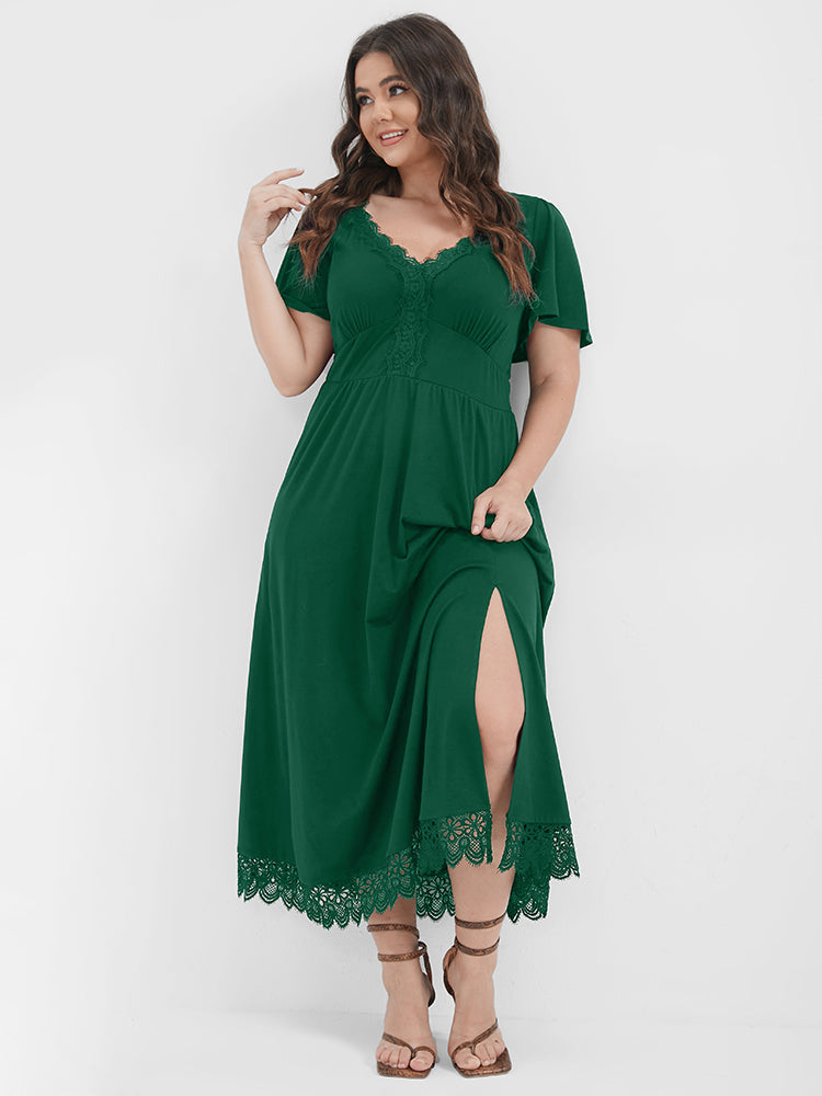 Solid Pocket Contrast Lace Split Maxi Dress