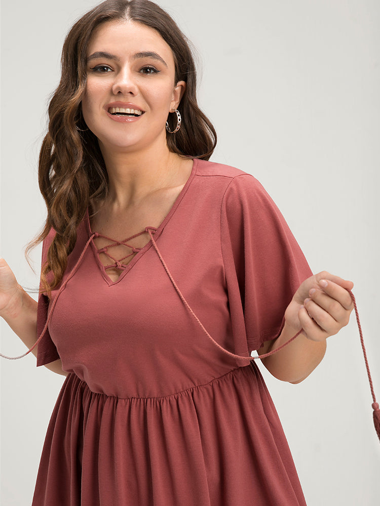 Solid  V Neck Ruffles Elastic Waist Lace Up T-shirt