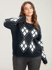Geometric Contrast Pointelle Knit Round Neck Knit Top