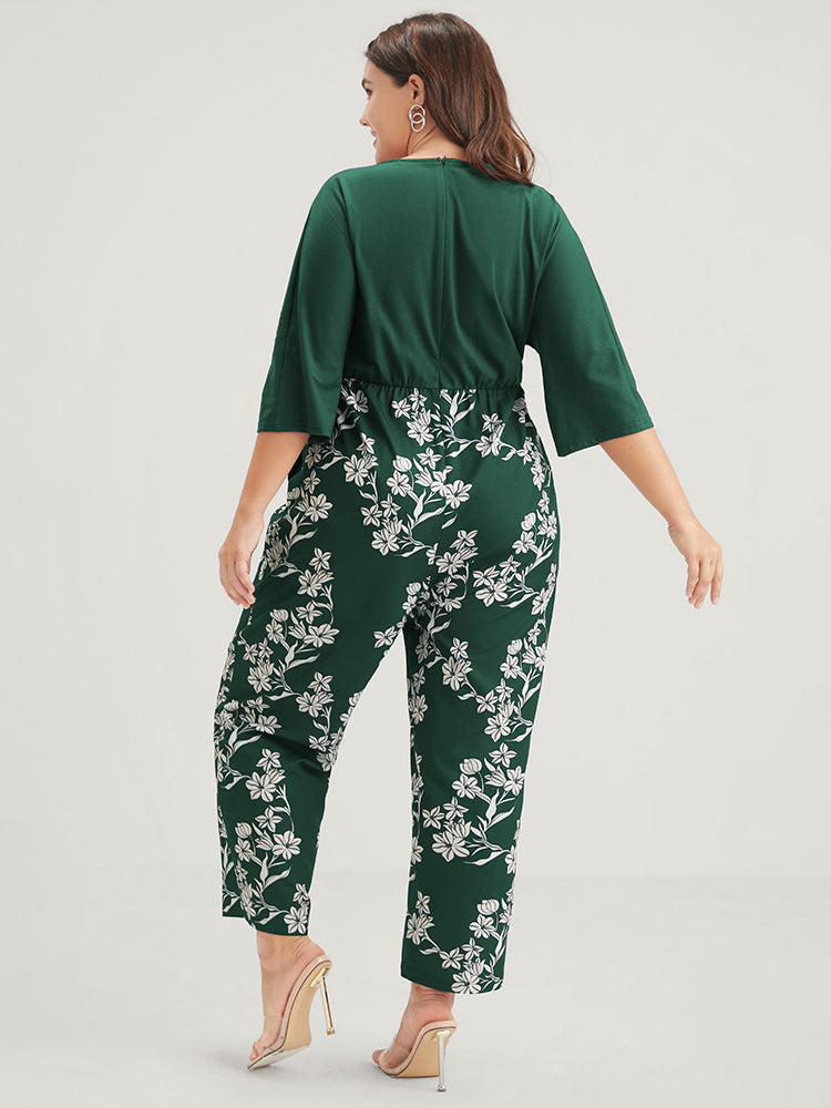 Floral Print Button  Dolman Sleeve Pocket Knotted Wrap Jumpsuit