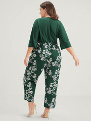 Floral Print Button  Dolman Sleeve Pocket Knotted Wrap Jumpsuit