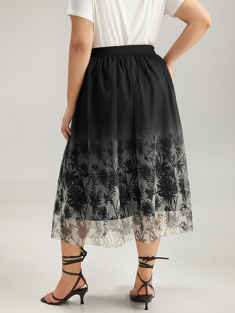 Silhouette Floral Print Ombre Mesh Skirt