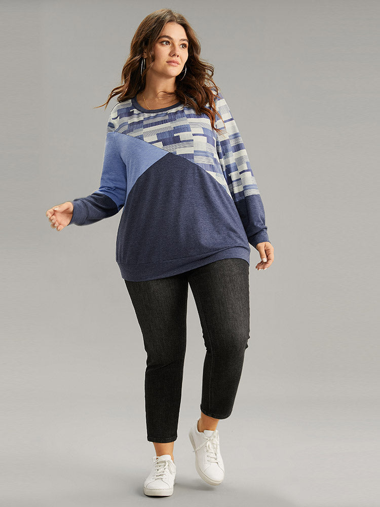 Geometric Colorblock Contrast Crew Neck Sweatshirt