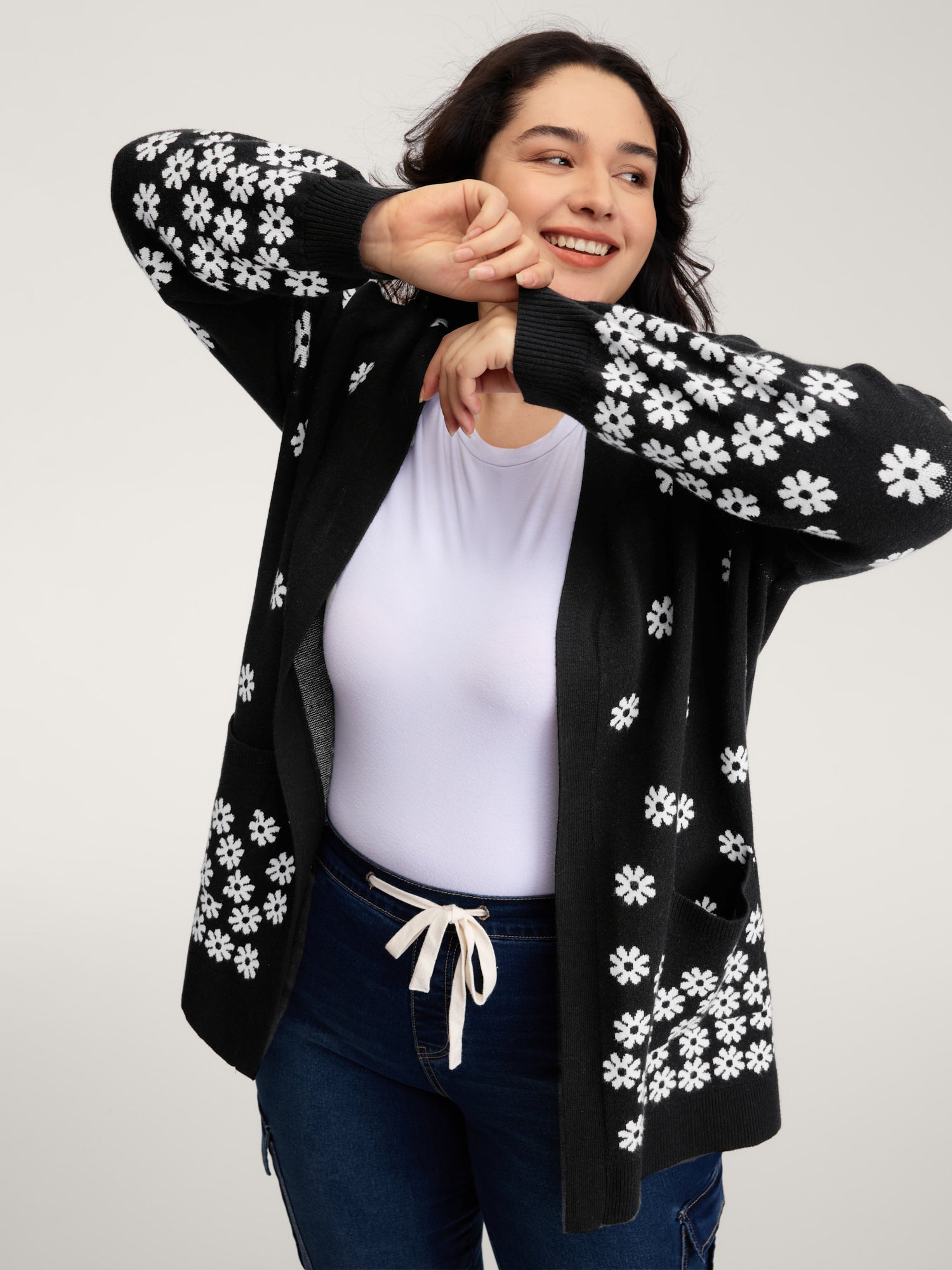 Scattered Floral Pattern Open-Front Cardigan