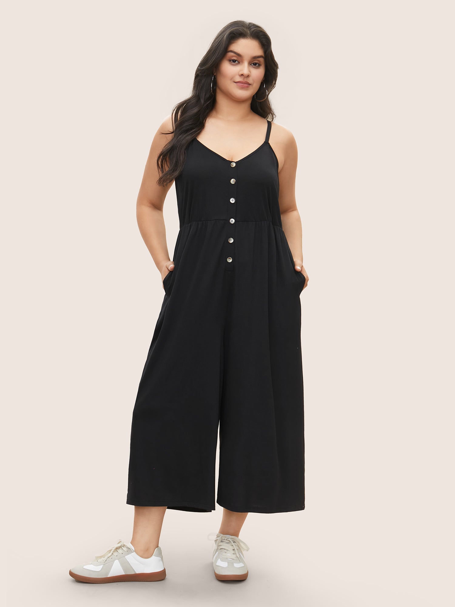 Solid Button Detail Gathered Jumpsuit