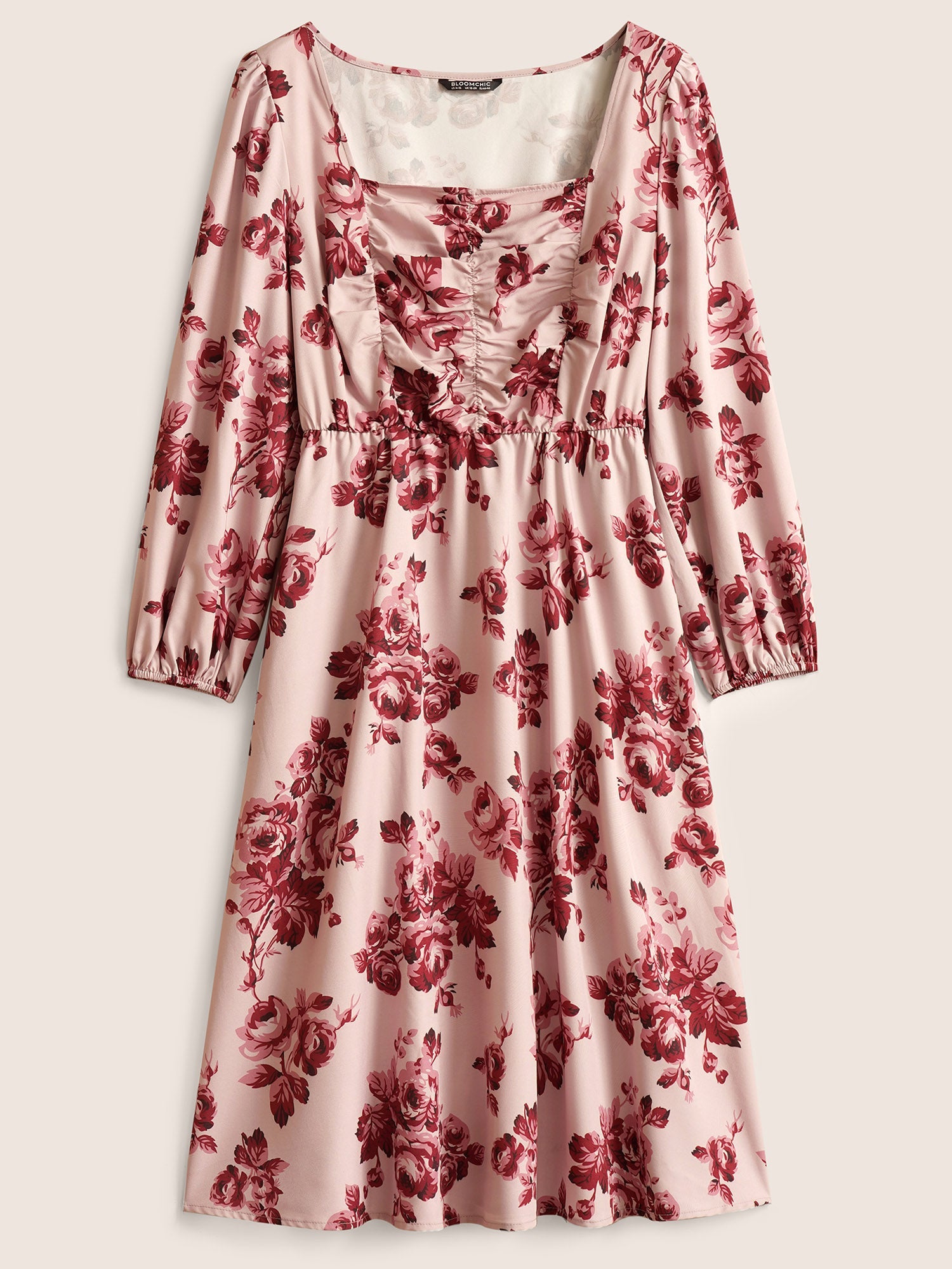 Floral Ruched Square Neck Lantern Sleeve Dress