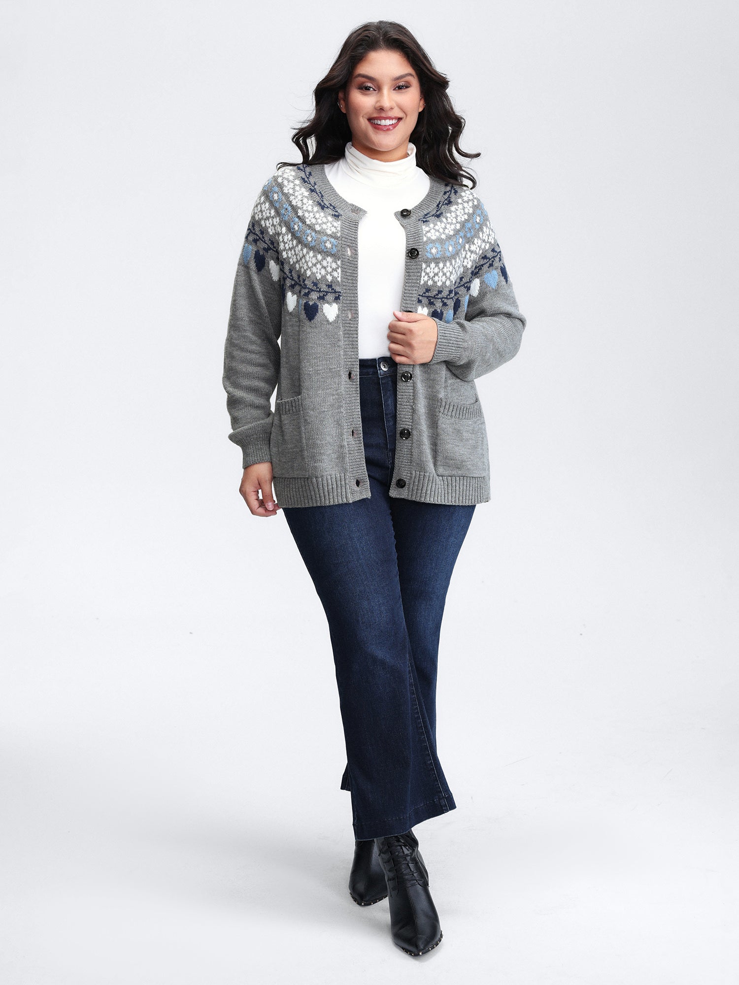 Fair Isle Patch Pockets Knit Cardigan