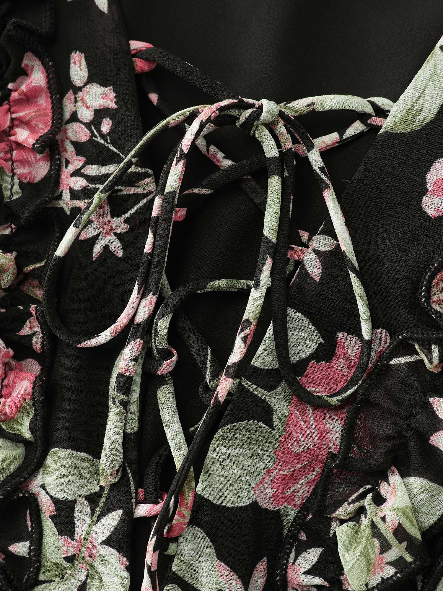 Floral Pockets Adjustable Shirred Midi Dress