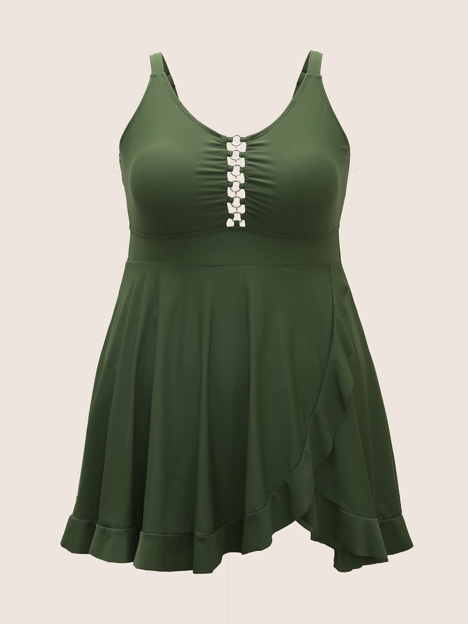 Solid O Ring Buckle Detail Ruffle Trim Swim Dress