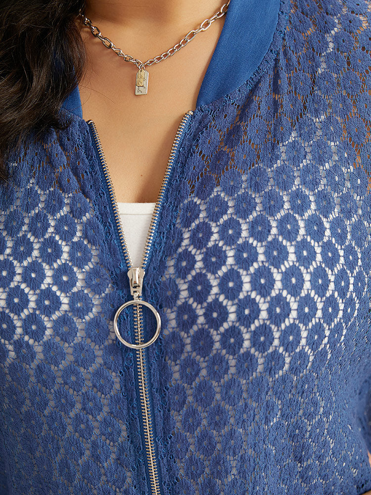 Plain Lace Patchwork Zipper Cut Out Jacket