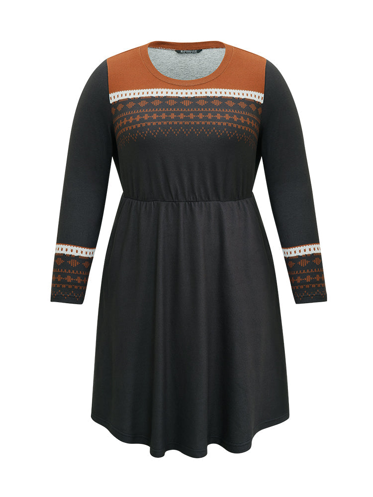Boho Geometric Print Contrast Elastic Waist Dress