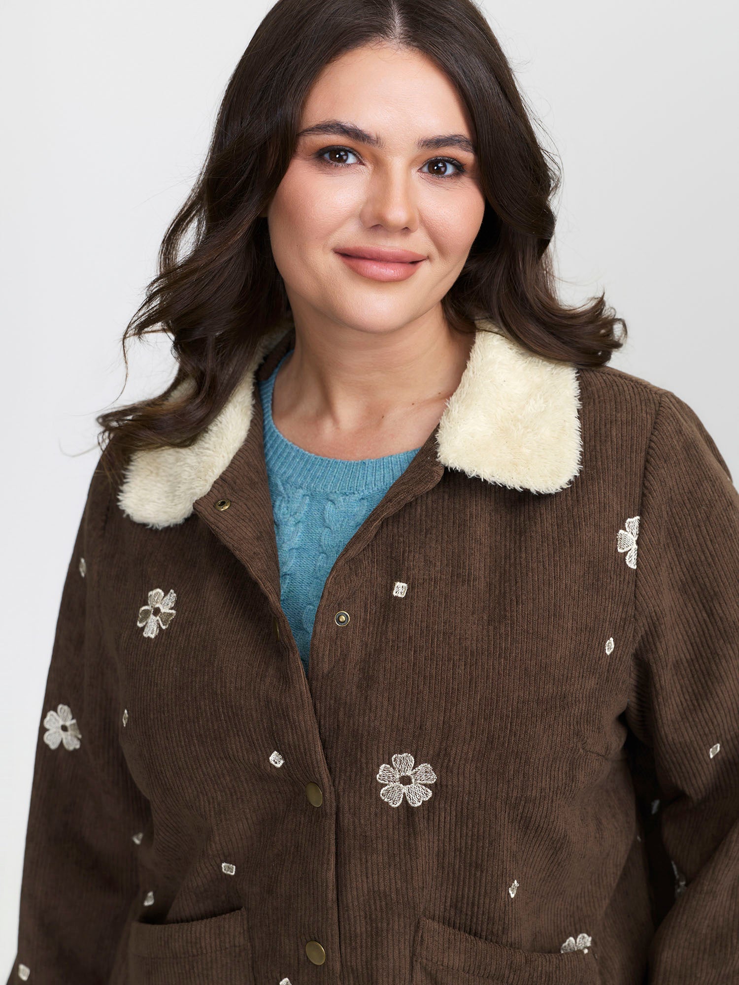 Floral Emrboidered Textured Button Jacket