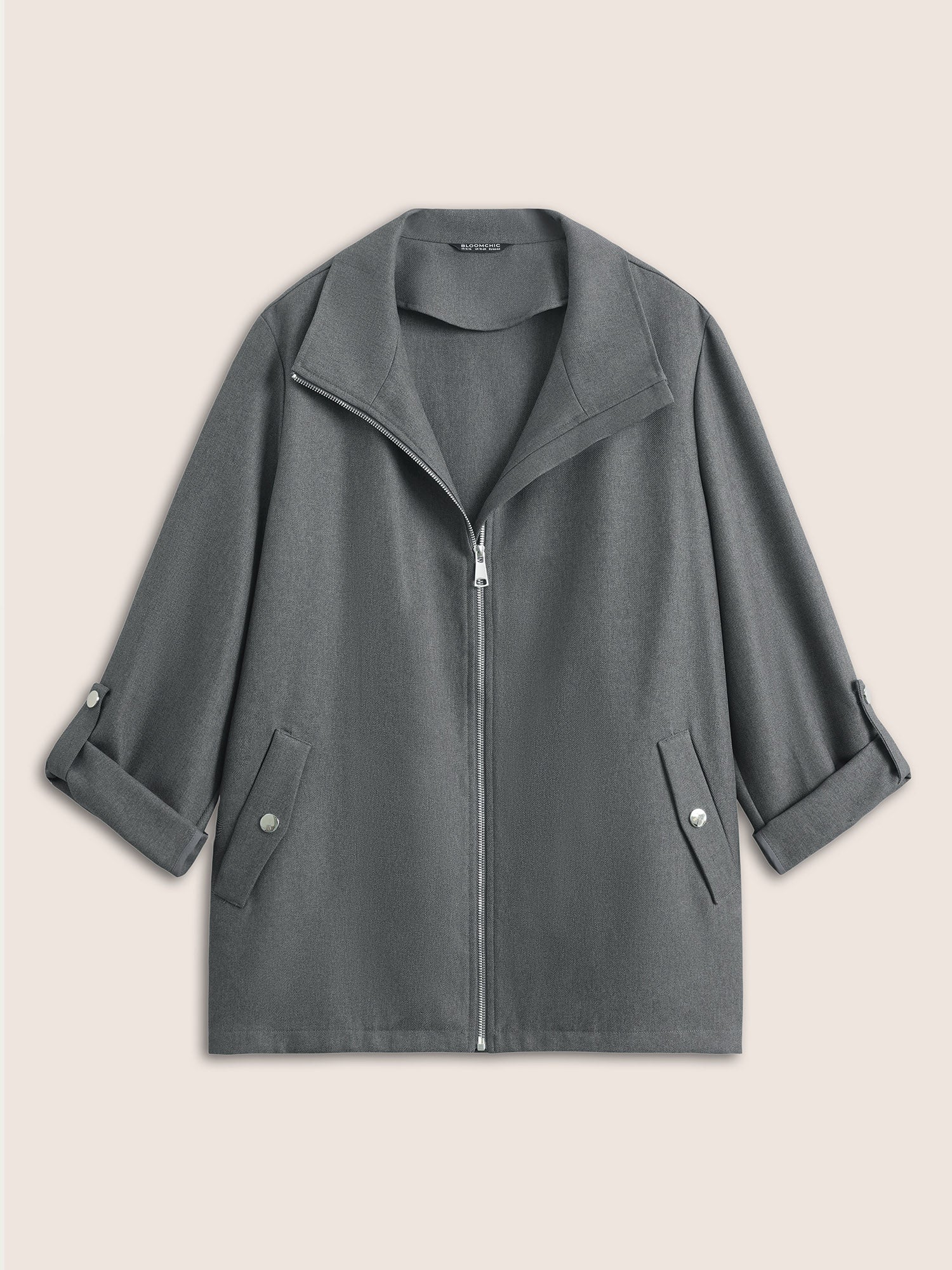 Solid Zipper Button Detail Tab Sleeve Jacket