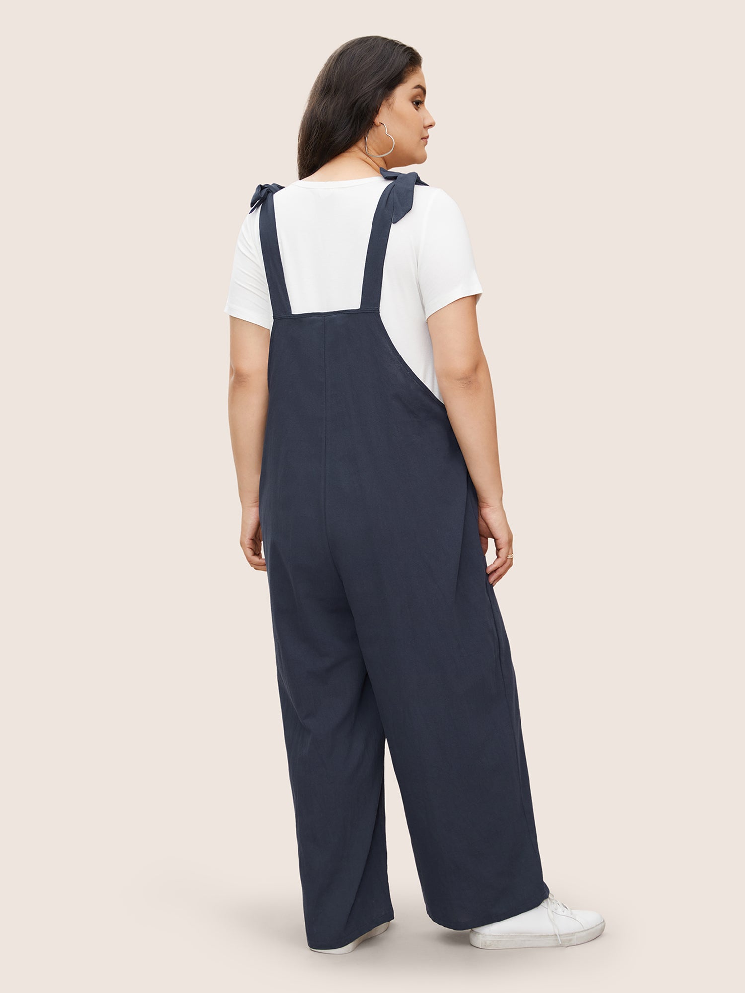Solid Pleated Detail Pocket Knotted Shoulder Overall Jumpsuit